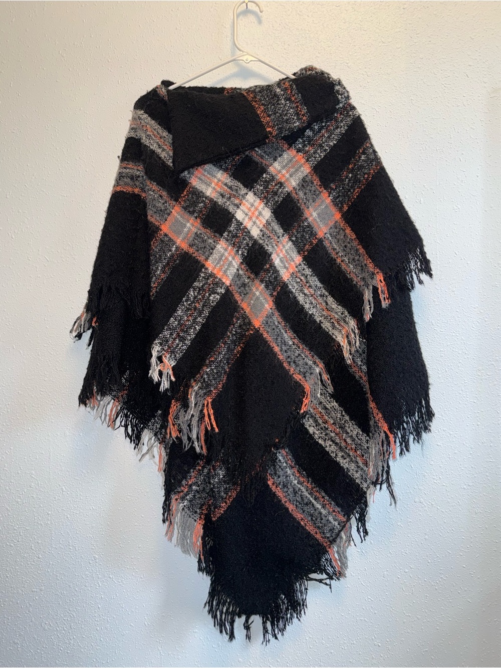 Steve Madden Black Plaid Fringe Poncho with Orange & Gray Accents